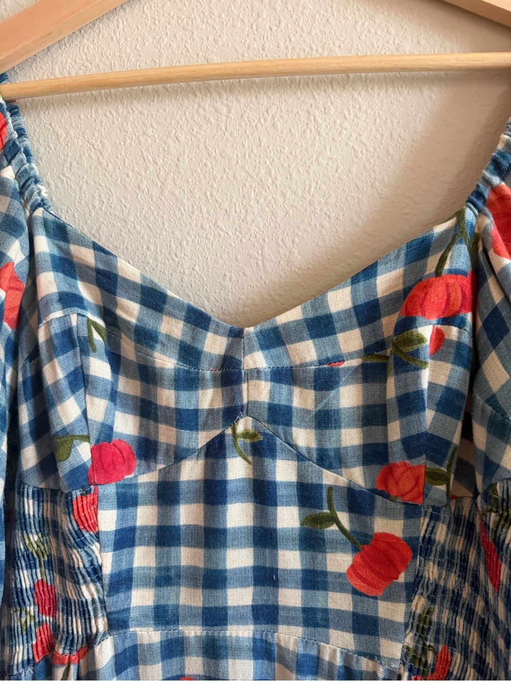 FARM Rio Blue and White Gingham Maxi Dress with Red Floral Accents - Picture 3 of 10